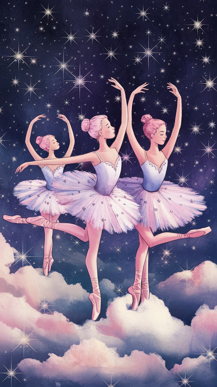 Three graceful ballerinas dancing under a starry sky with clouds