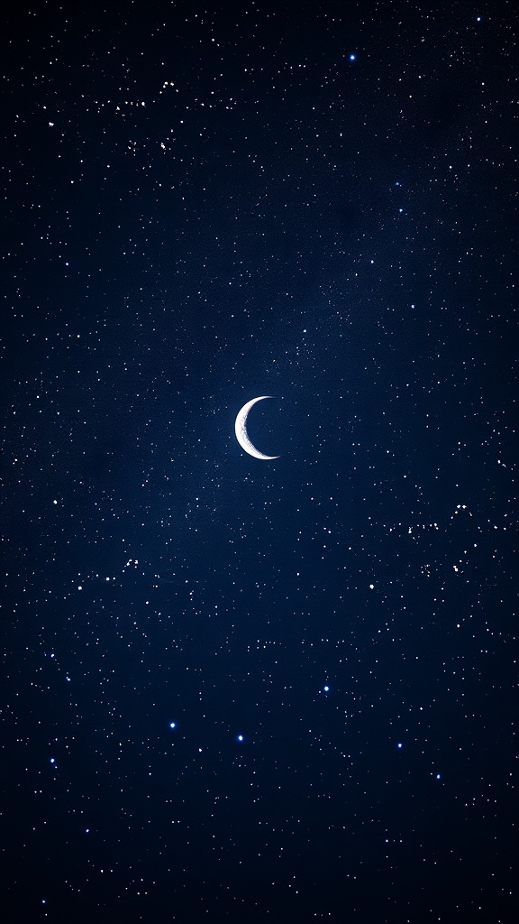 A serene night sky filled with stars and a crescent moon