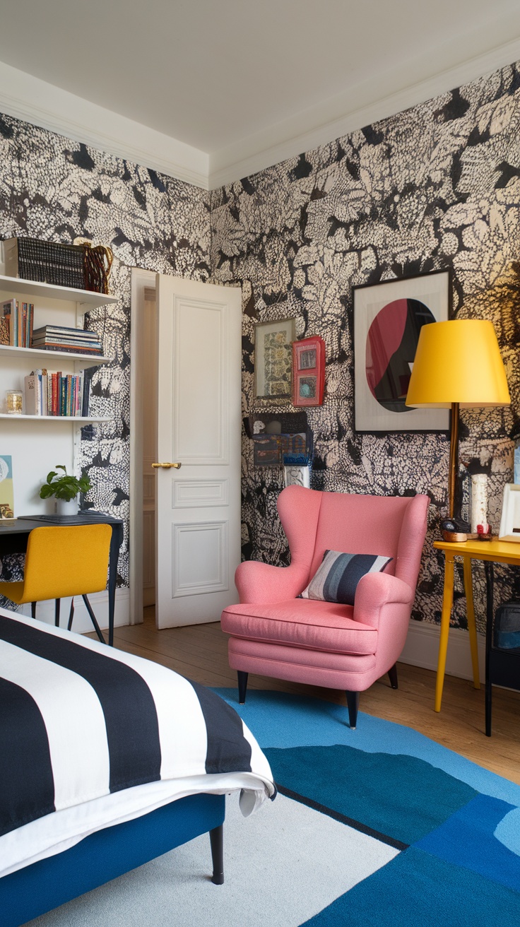 A bedroom featuring striking black and white patterned wallpaper, a pink chair, and colorful decor elements.
