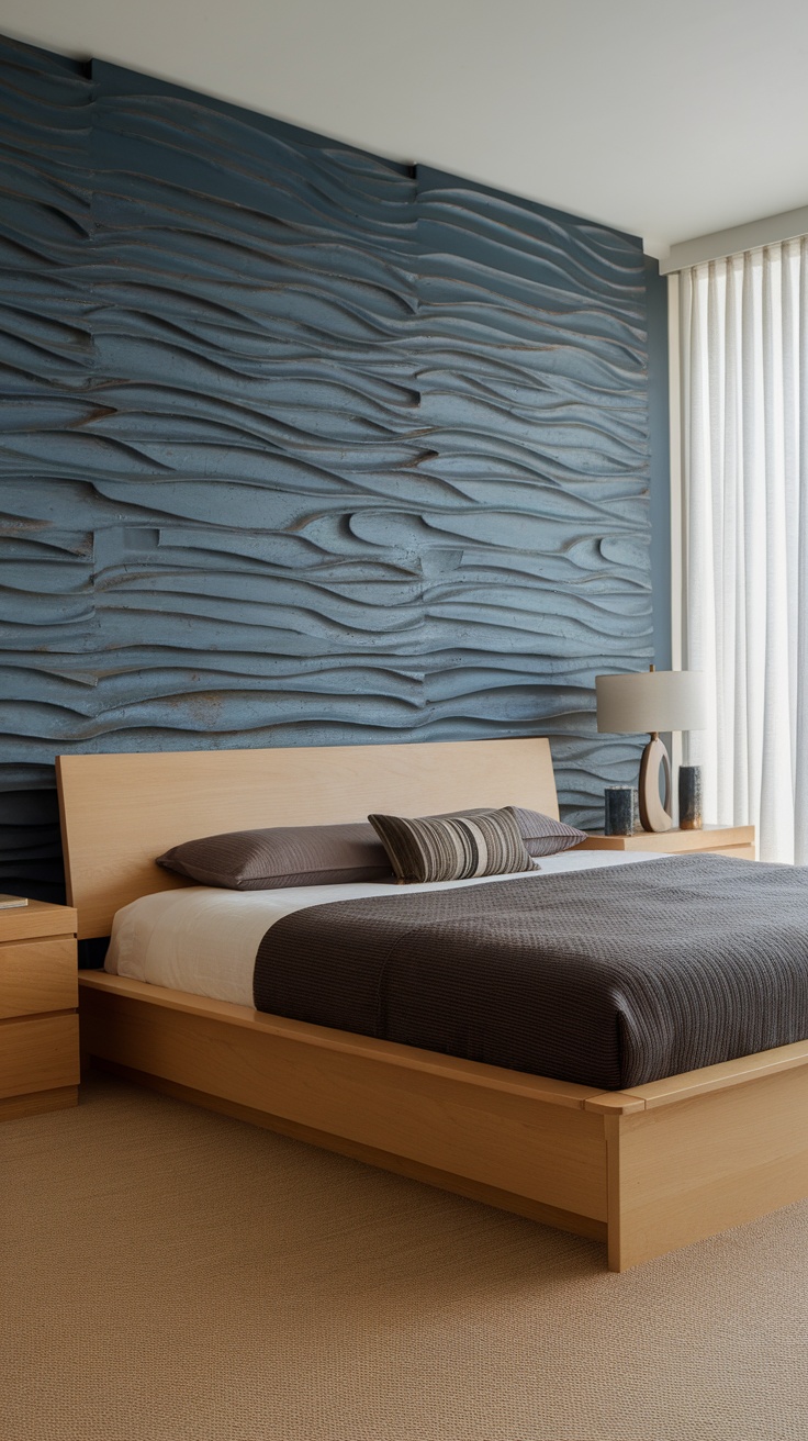 A bedroom featuring textured 3D wall panels with a wave design in blue, complemented by light wooden furniture.