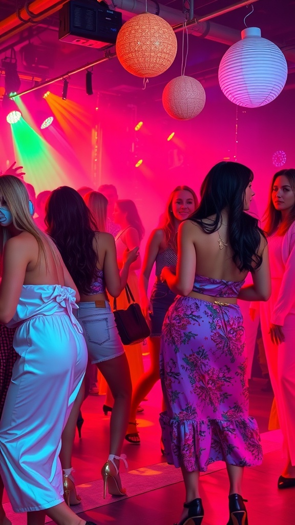 A lively themed dance party with colorful lights and women enjoying the dance floor.