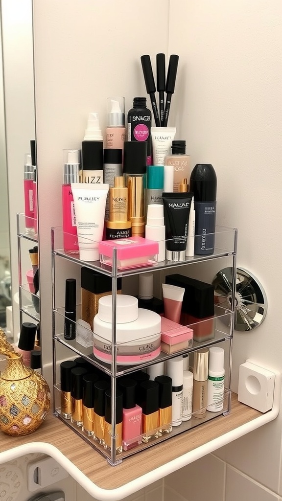 A tiered makeup organizer displaying various beauty products, including skincare and makeup items.