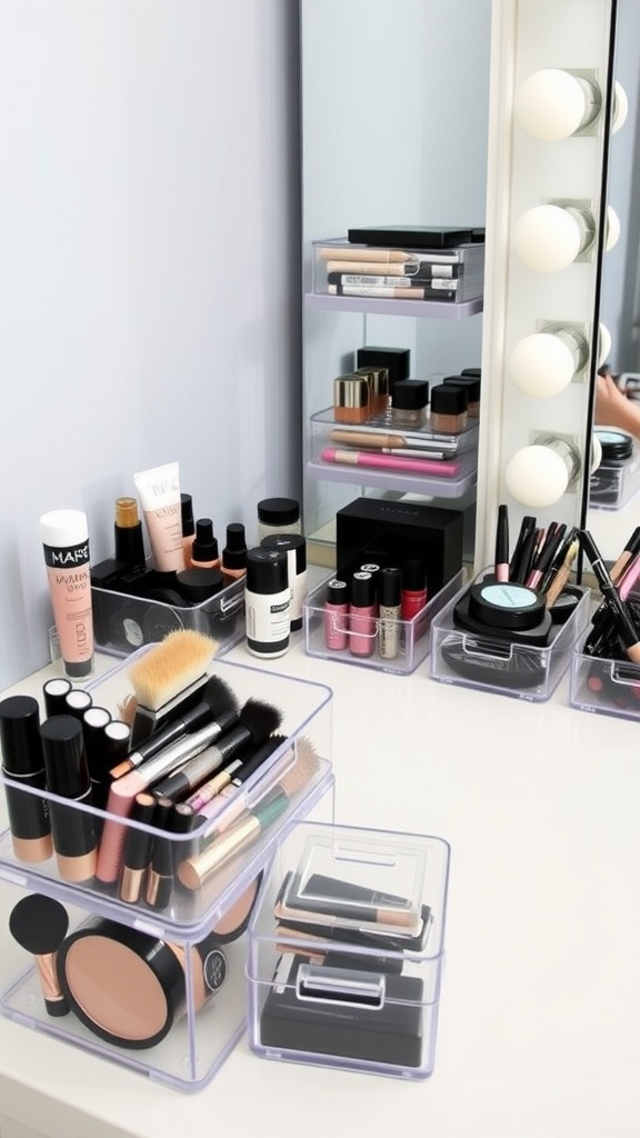 A clean vanity with transparent storage bins filled with various makeup products.