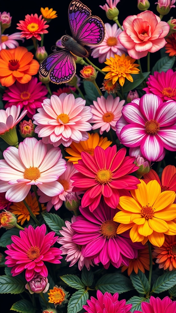 A colorful arrangement of flowers with a butterfly on a black background.