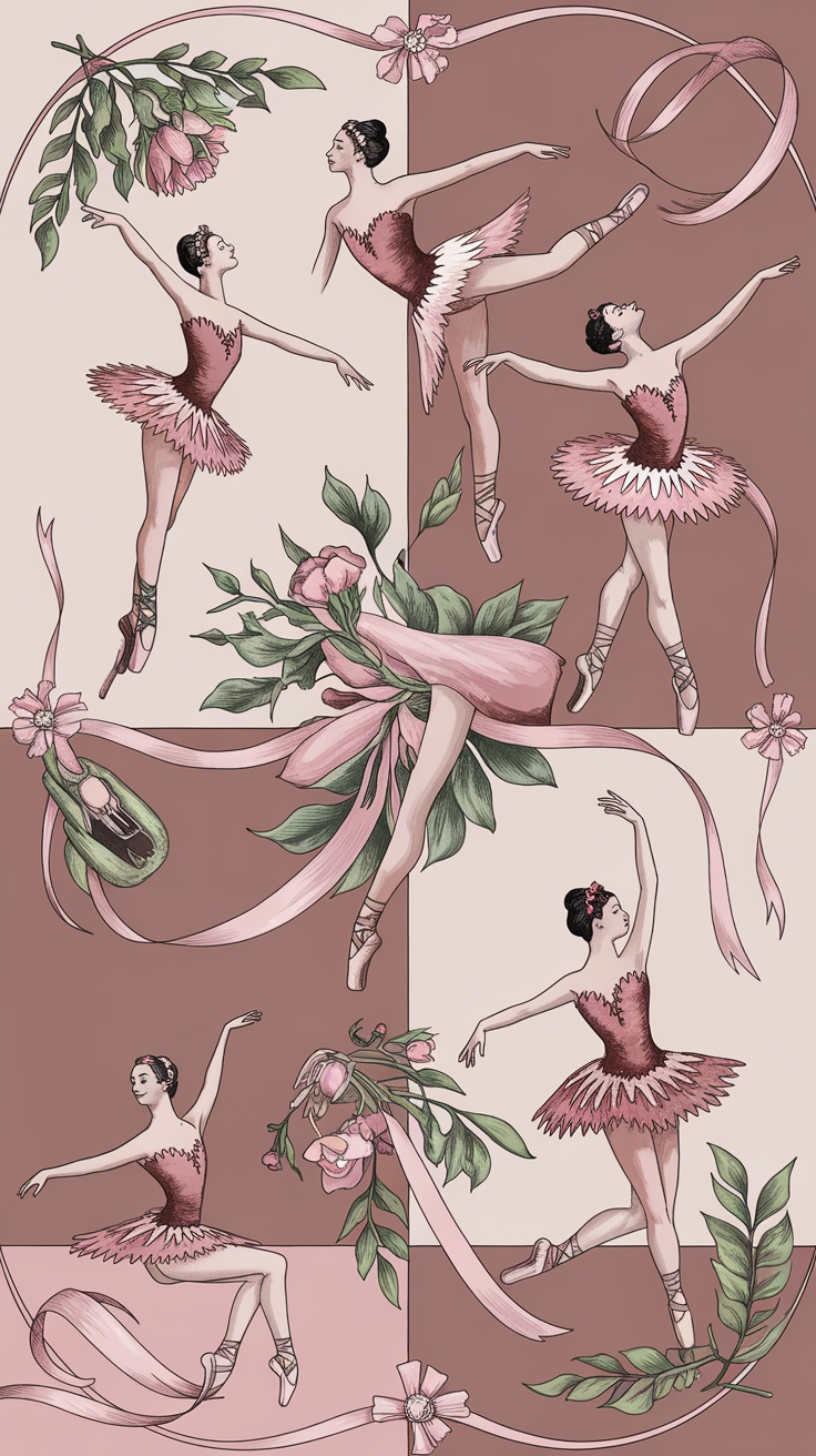 Vintage ballerina illustrations featuring dancers in soft colors and elegant poses.