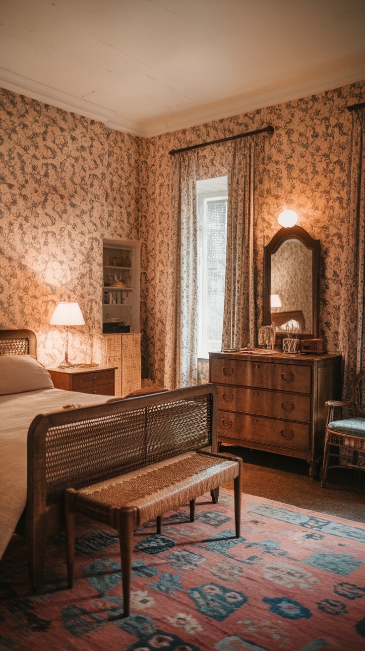 A bedroom featuring vintage floral wallpaper, wooden furniture, and warm lighting.
