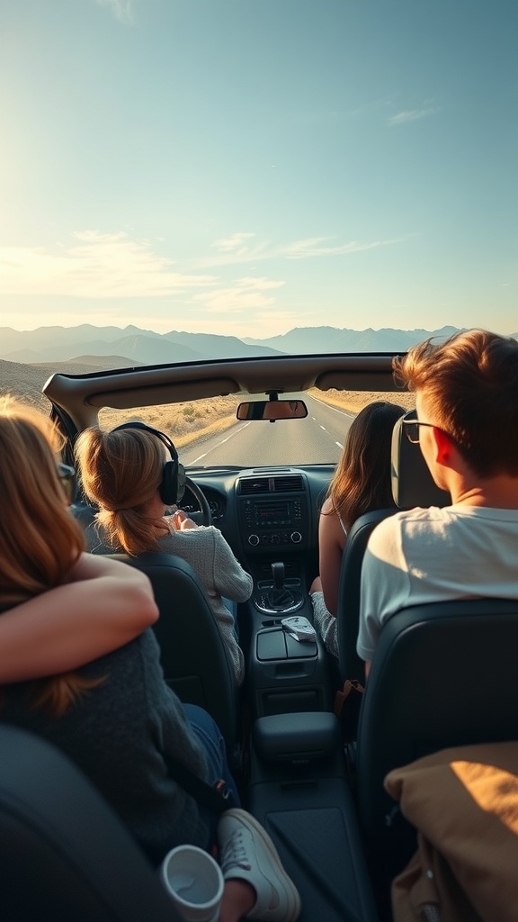 A group of friends enjoying a weekend road trip, driving with the top down on a beautiful day.