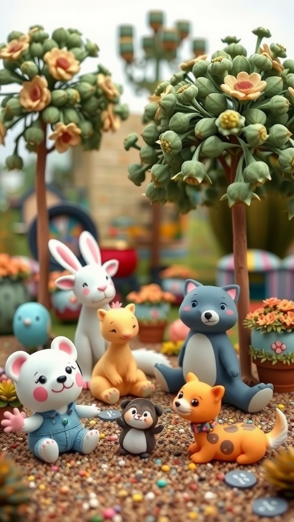 Colorful and playful animal figures in a whimsical garden setting