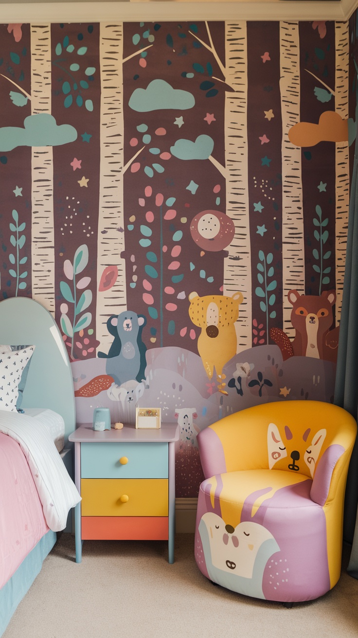 Whimsical kids' bedroom design with playful animal wallpaper and colorful furniture.