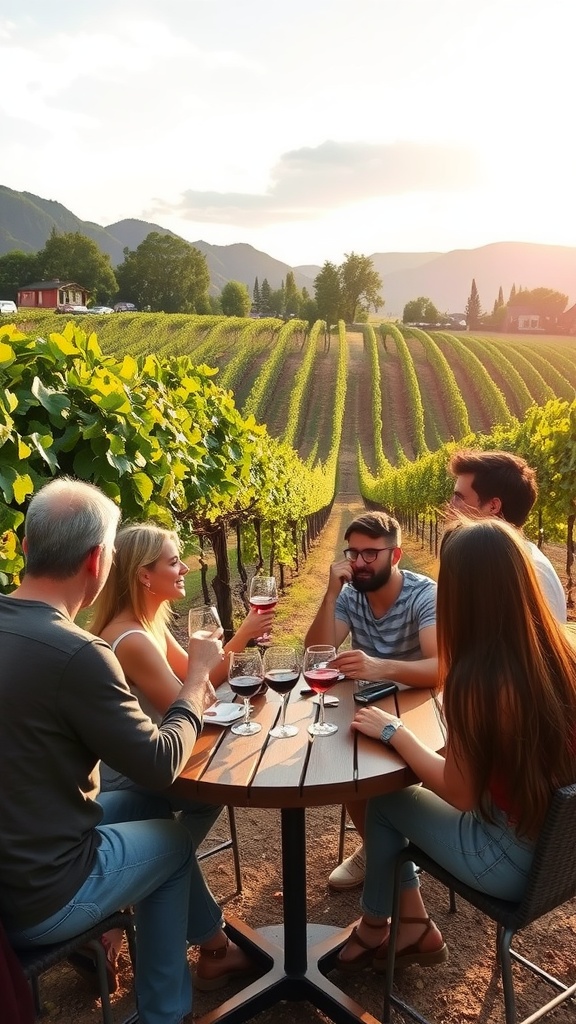 A group of friends enjoying wine tasting at a vineyard with beautiful views.