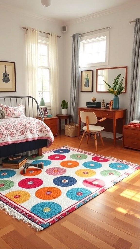A colorful accent rug with round patterns in a preppy bedroom setting.