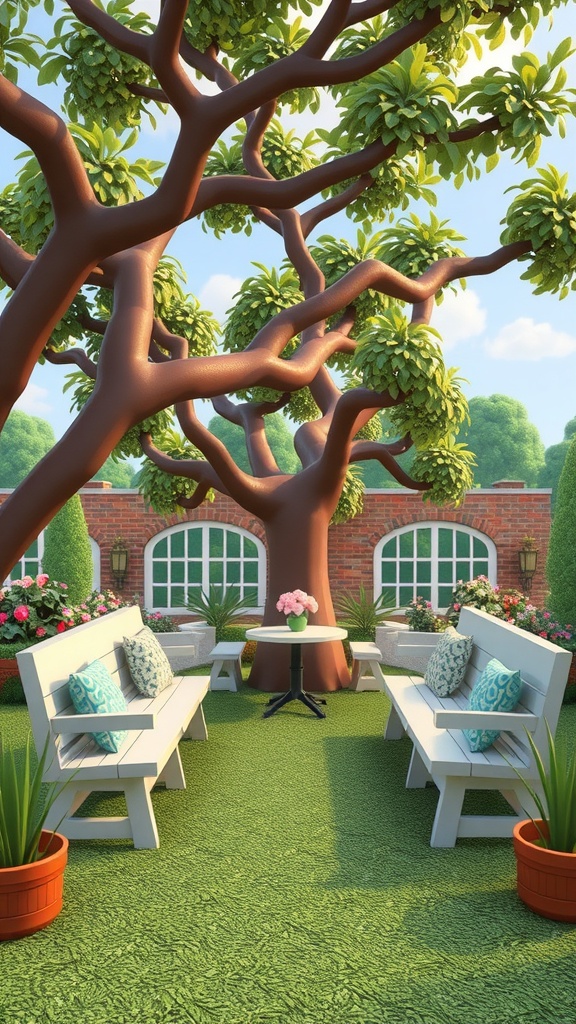 A cozy garden layout in Roblox featuring white benches, a small table, and a large tree surrounded by colorful flowers.