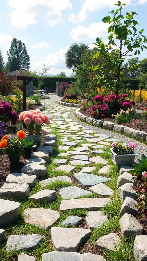 A beautiful garden pathway made of stones, surrounded by colorful flowers and greenery.