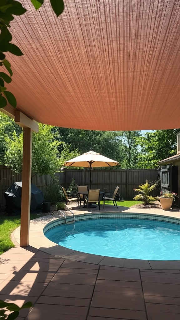 A shaded area above an above ground pool with patio furniture and greenery.