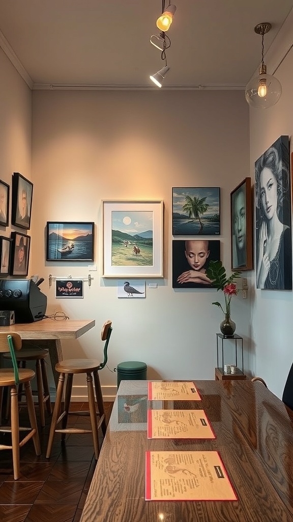 A cozy coffee shop interior featuring artwork from local artists on the walls, with a wooden table and menu displayed.