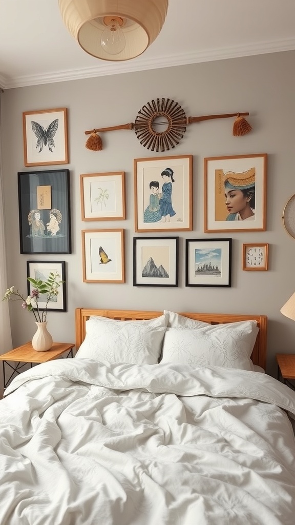 A cozy Japandi bedroom with a gallery wall featuring various framed artworks and a small vase with flowers on a nightstand.