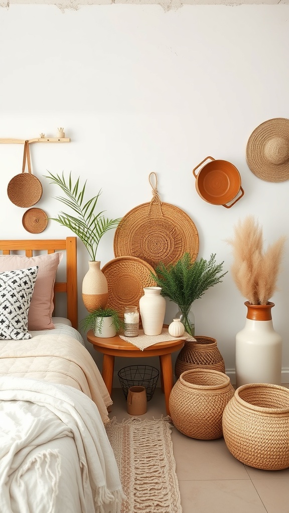 A cozy boho bedroom featuring artisan-crafted decor, including woven baskets, pottery, and plants.