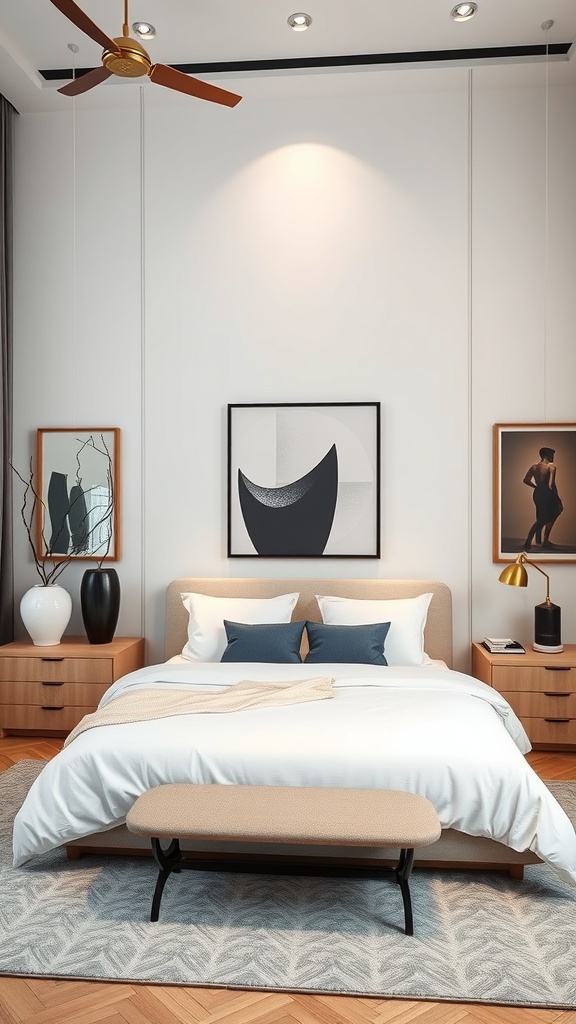 A modern luxury bedroom featuring artistic decor elements like framed artwork and stylish vases.