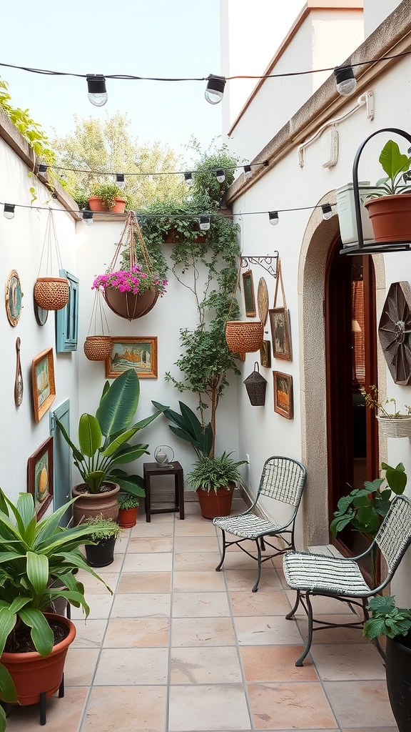 A cozy patio featuring artistic wall decor, plants, and string lights.
