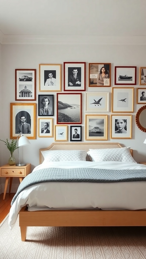 A preppy bedroom featuring a gallery wall of framed black-and-white photographs and artistic prints, complemented by a cozy bed and a small plant on the nightstand.