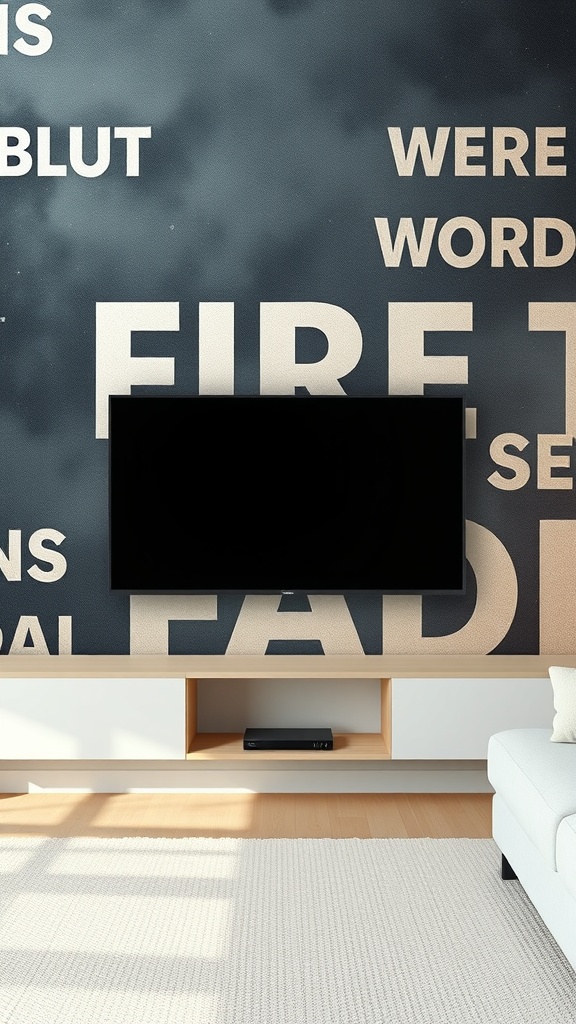 A stylish living room featuring a wall mural with bold text behind a television.