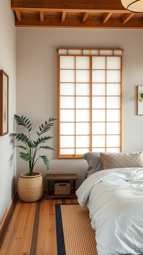 A serene Japandi bedroom featuring a wooden ceiling, grid window, and minimalist decor.