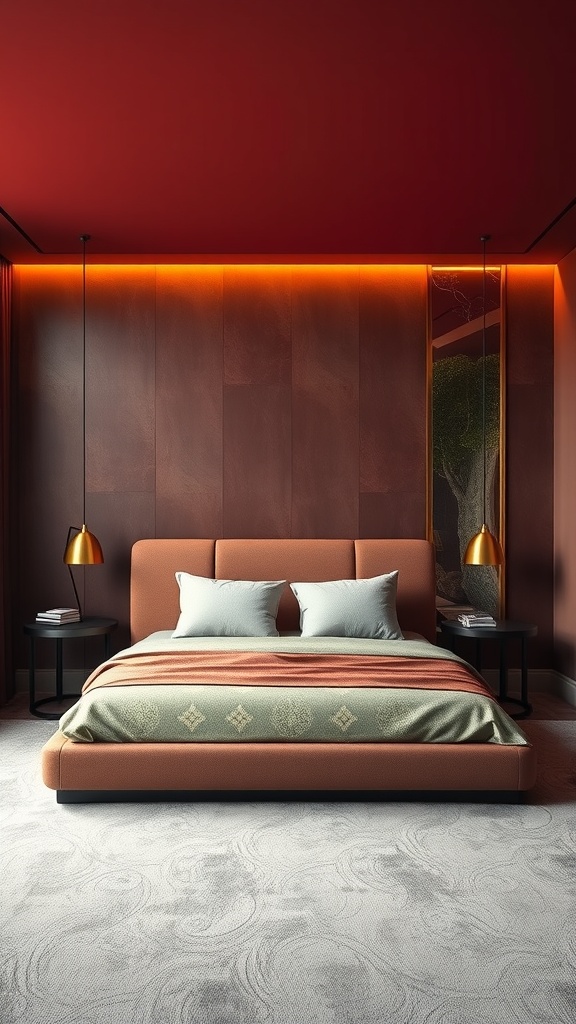 A modern luxury bedroom featuring a bold red accent wall with stylish lighting.