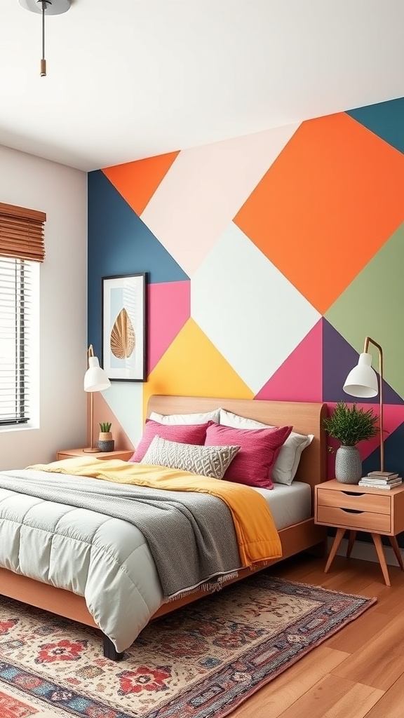A bedroom featuring a bold geometric accent wall with vibrant colors, complemented by neutral bedding and wooden furniture.