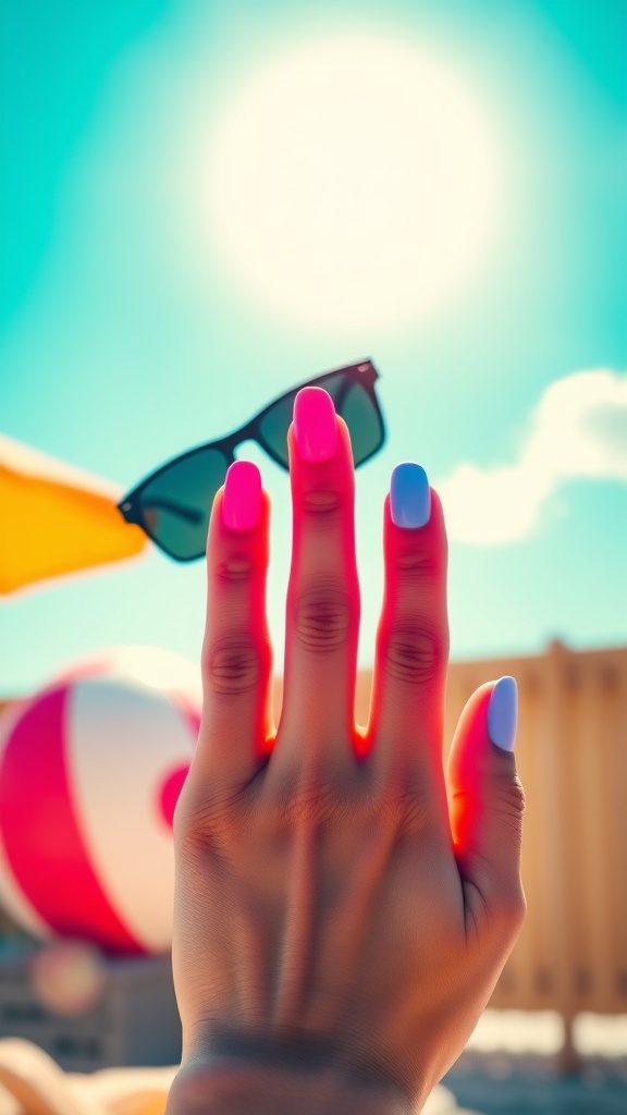 A hand with bright neon pink, purple, and blue nails holding sunglasses against a sunny backdrop.