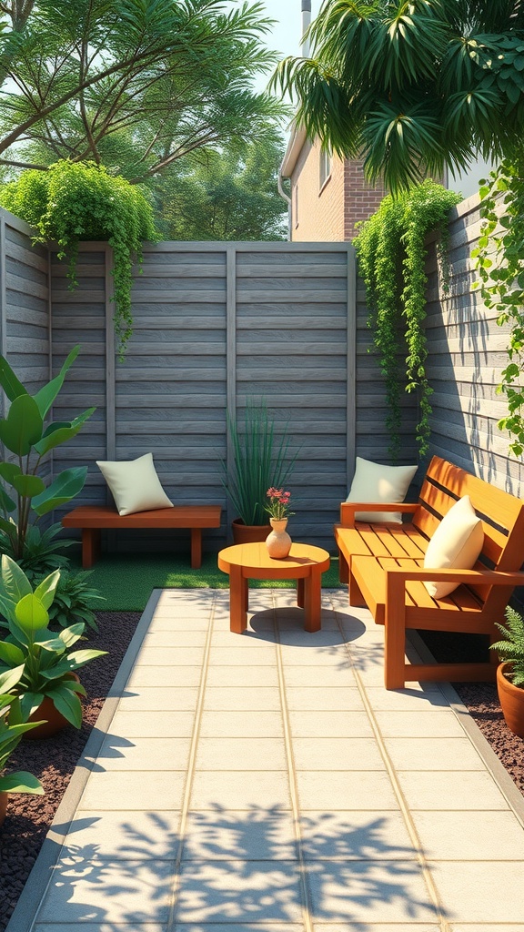 A cozy seating area in a garden with wooden benches, a small table, and lush greenery.
