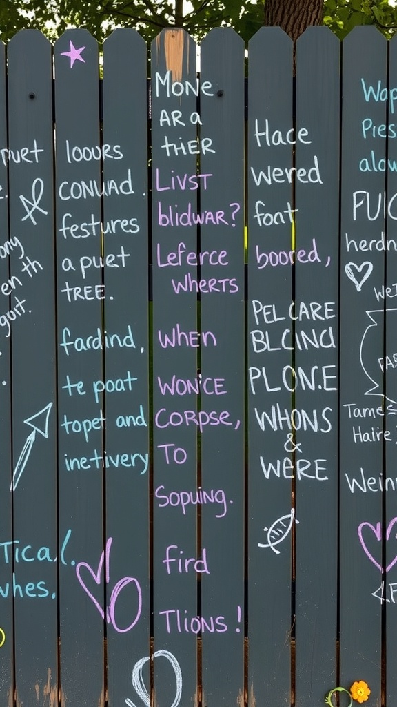 A fence painted with chalkboard paint, featuring colorful chalk messages and drawings.