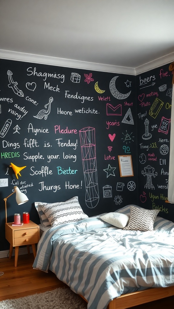 A cozy bedroom with a chalkboard wall filled with colorful doodles and messages, showcasing a creative and inviting atmosphere.