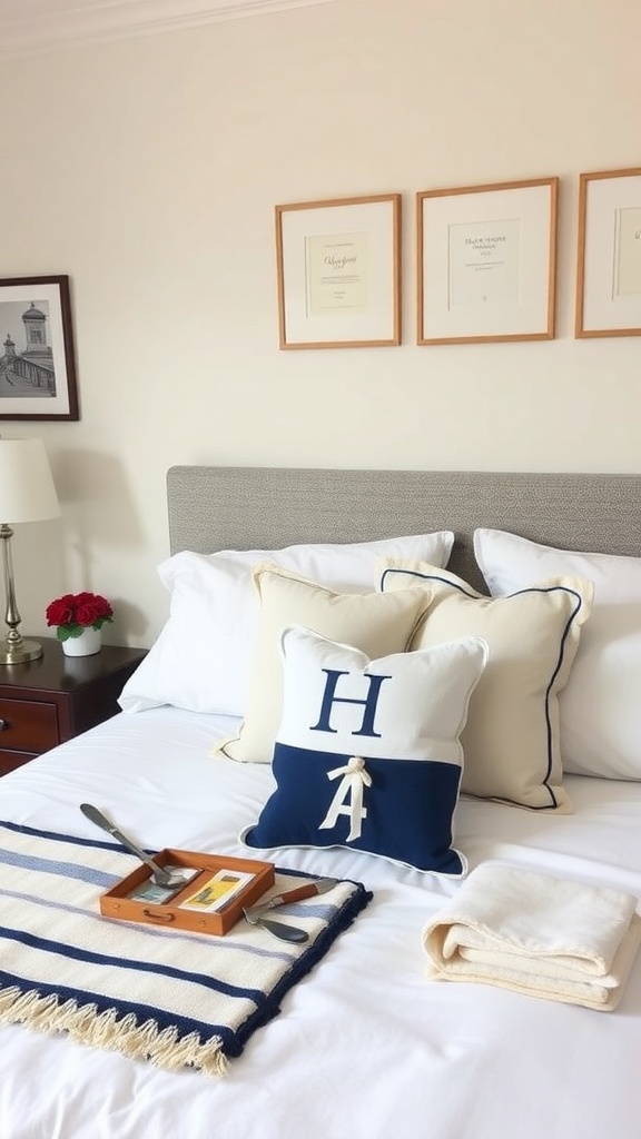 A preppy bedroom with monogrammed pillows, a striped blanket, and framed art on the walls.