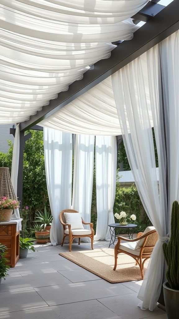 Chic pergola with drapes and comfortable seating in a backyard patio