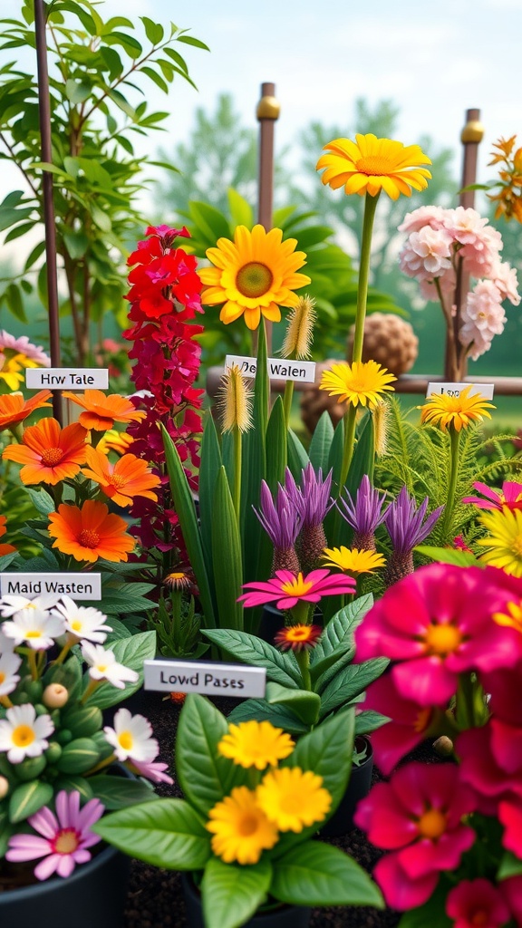 A colorful garden layout in Roblox featuring various labeled flowers and plants.