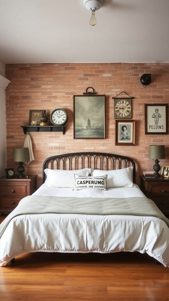 A cozy bedroom featuring a classic brick accent wall, a bed with white bedding, wooden nightstands, and framed art on the wall.