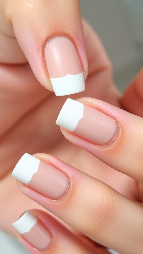 Close-up of classic French tip nails with a pink base and white tips.