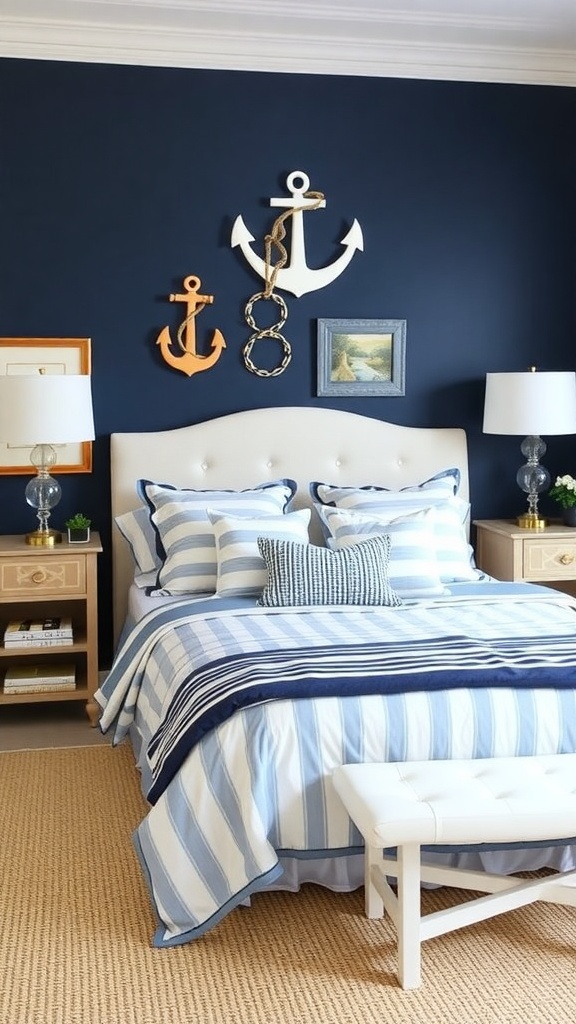 A preppy bedroom featuring a navy and white color scheme with striped bedding and nautical decor.