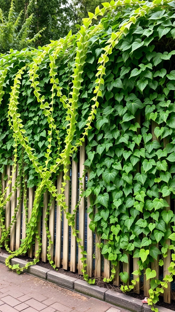 A wooden fence covered in vibrant green climbing vines.