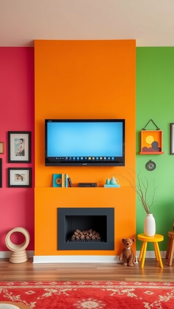 A colorful living room with an orange accent wall around a TV, featuring pink and green sections, framed photos, and a cozy fireplace.