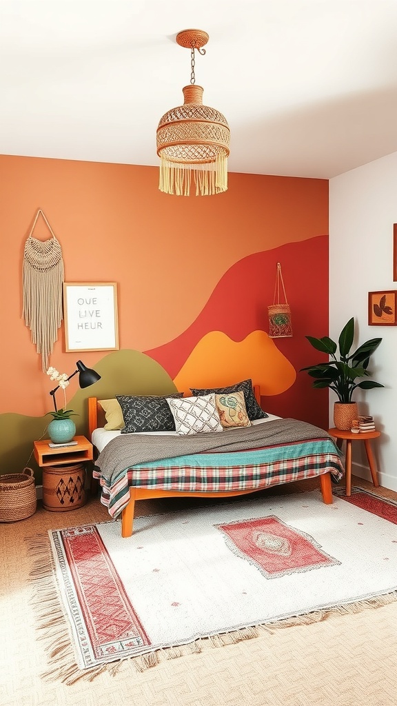 A cozy boho bedroom featuring a colorful accent wall in warm tones, a bed with patterned pillows, and natural decor elements.