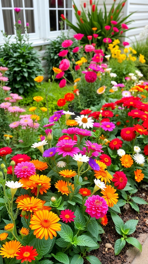 A vibrant flower border with various colorful flowers including pinks, reds, oranges, and yellows.