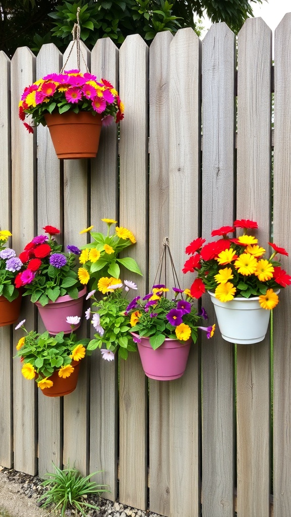 Colorful flower pots hanging on a wooden fence with various flowers.