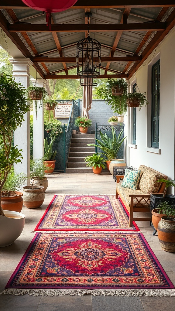 Colorful outdoor rugs on a patio with plants and seating