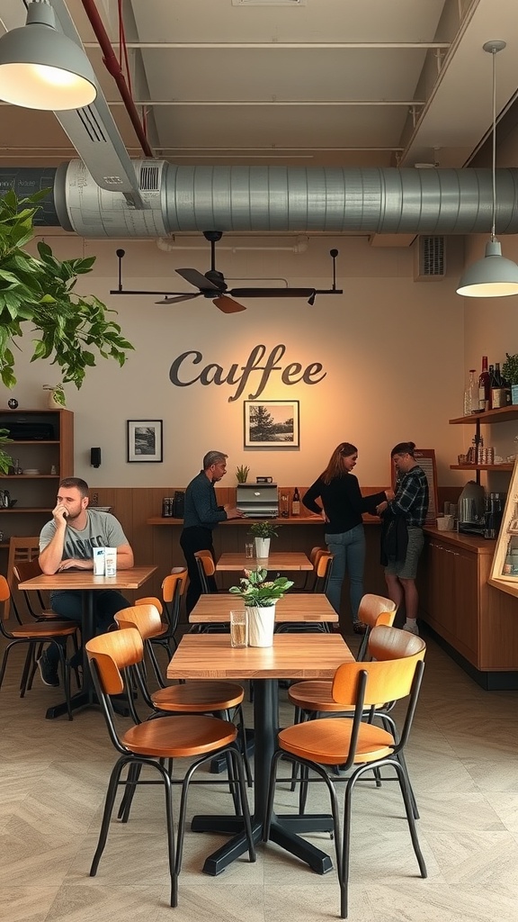 Interior of a coffee shop with wooden tables, plants, and people interacting.