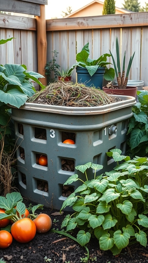 A compost bin surrounded by green plants and ripe tomatoes in a home garden.