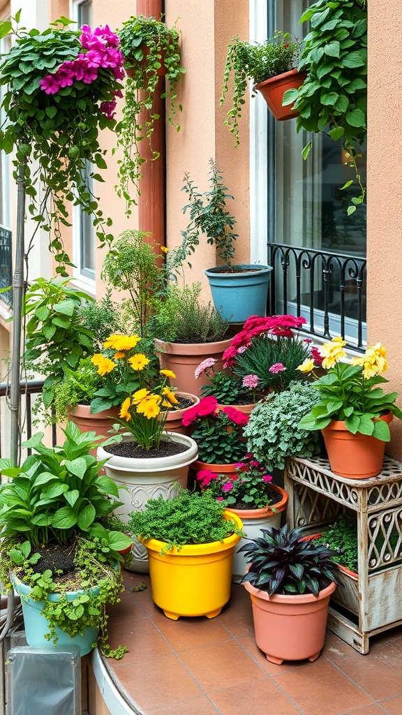 A colorful display of potted plants on a balcony, featuring various flowers and greenery in different containers.