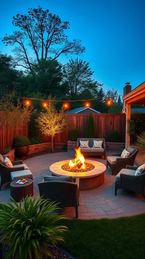 A cozy backyard fire pit with seating and string lights in the evening.