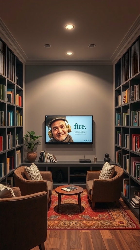 Cozy nook with built-in TV, bookshelves, and comfortable seating