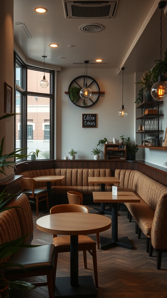 Cozy coffee shop interior with booths and small tables, featuring warm lighting and plants.